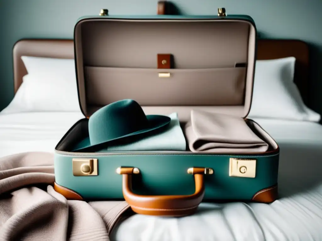 Maleta organizada en cama blanca Consejos para viajar ligero y ahorrar: Maleta ordenada y elegante en una cama blanca con ropa y accesorios perfectamente organizados