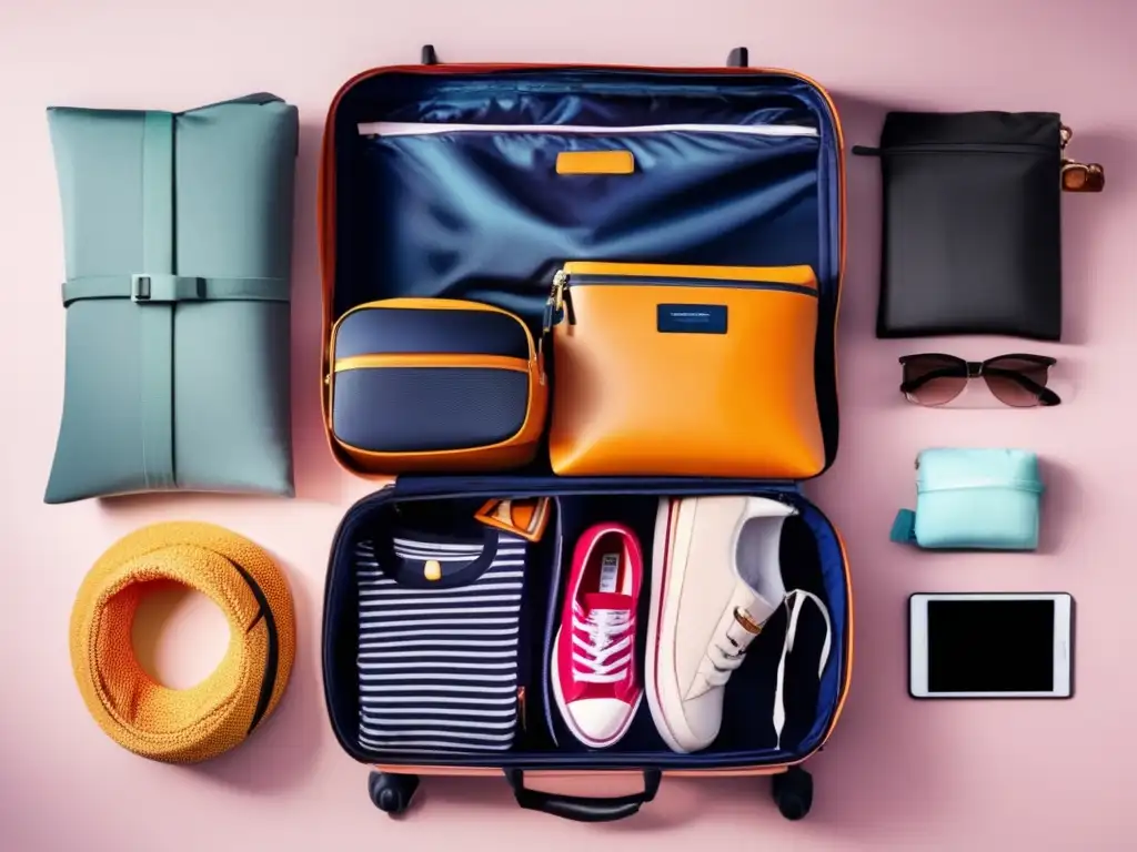 Packing eficiente para viajes largos Guía equipaje viaje largo seniors: una imagen vibrante y moderna de una maleta bien organizada llena de elementos esenciales para un viaje largo