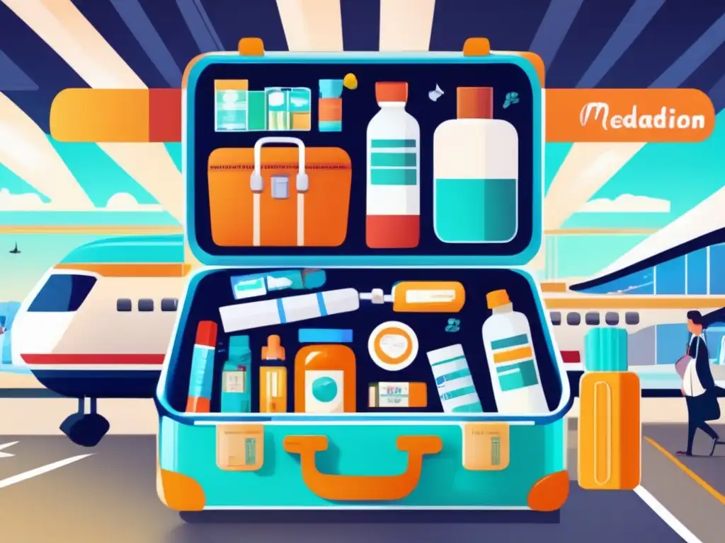 Organización de medicamentos para viajar Consejos para viajar con medicación crónica: maleta con compartimentos organizados y medicamentos etiquetados en aeropuerto