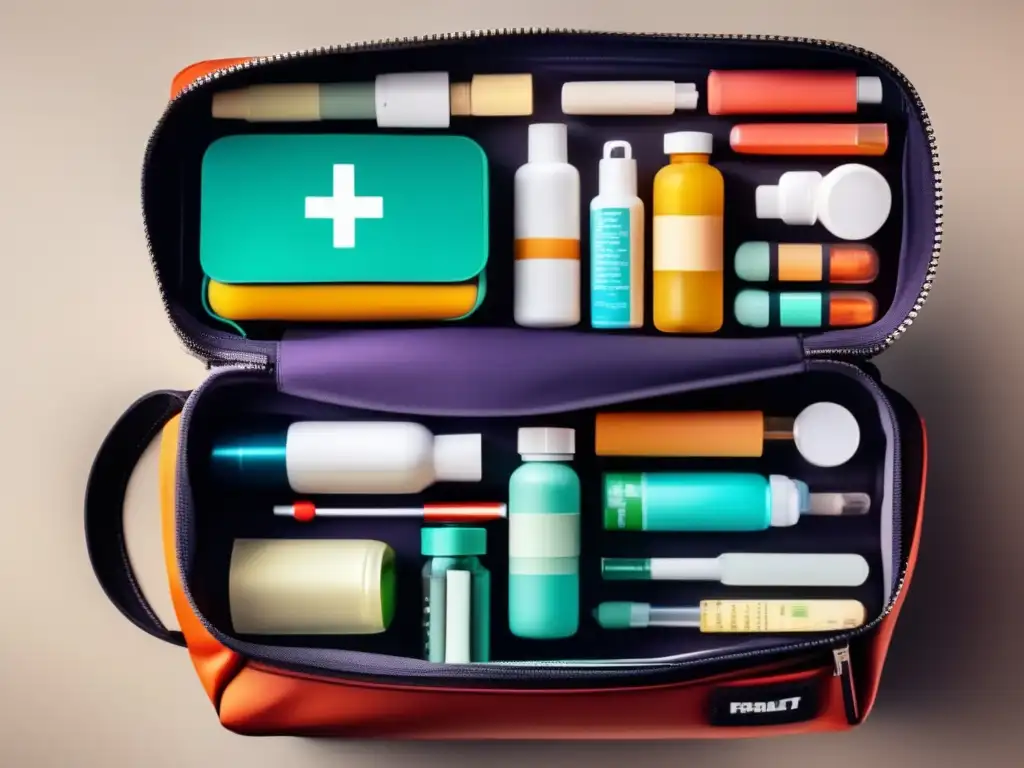 Bolsa de viaje moderna con compartimentos para medicamentos Consejos para viajar con medicación crónica: bolso moderno con compartimentos, medicamentos organizados y colores vibrantes