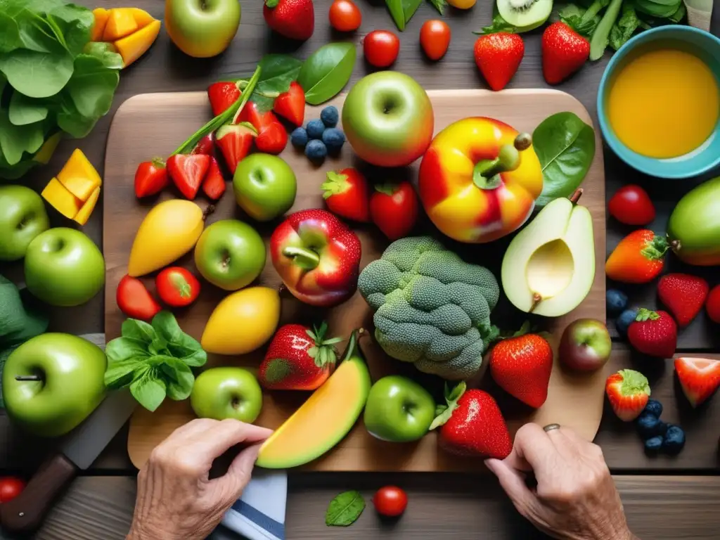 Deliciosa variedad de frutas y verduras frescas Alimentos saludables en tabla de cortar de madera con frutas y verduras frescas para viajeros senior