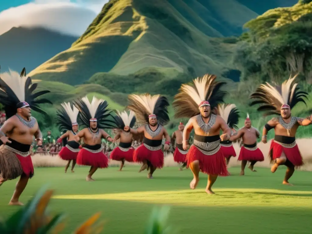 Espectáculo cultural Maorí al aire libre Experiencias culturales en Nueva Zelanda para adultos: Maoríes realizando haka en entorno natural