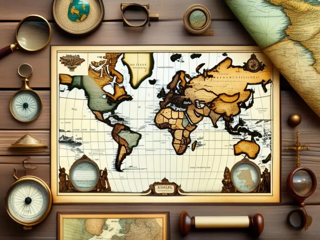 Antiguo mapa detallado en mesa de madera Mapa antiguo en mesa de madera con artefactos históricos - Usos de mapas antiguos en genealogía