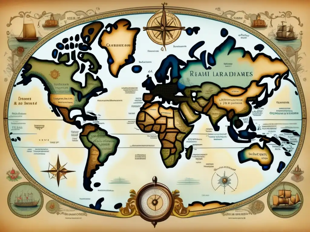 Mapa antiguo detallado con ilustraciones y colores desvanecidos Mapa antiguo ilustrado con colores desvanecidos y caligrafía delicada