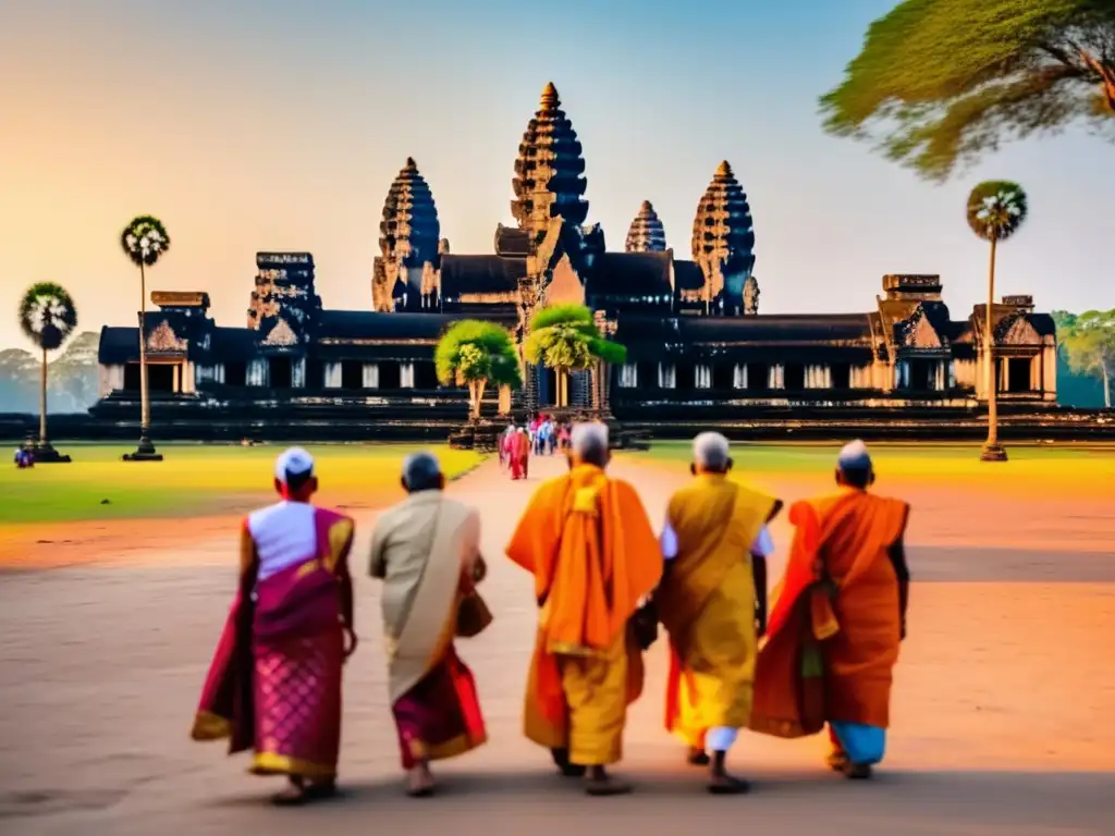 Seniors maravillados en Angkor Wat Experiencias de viaje senior en el sudeste asiático: ancianos asombrados frente a Angkor Wat en Cambodia