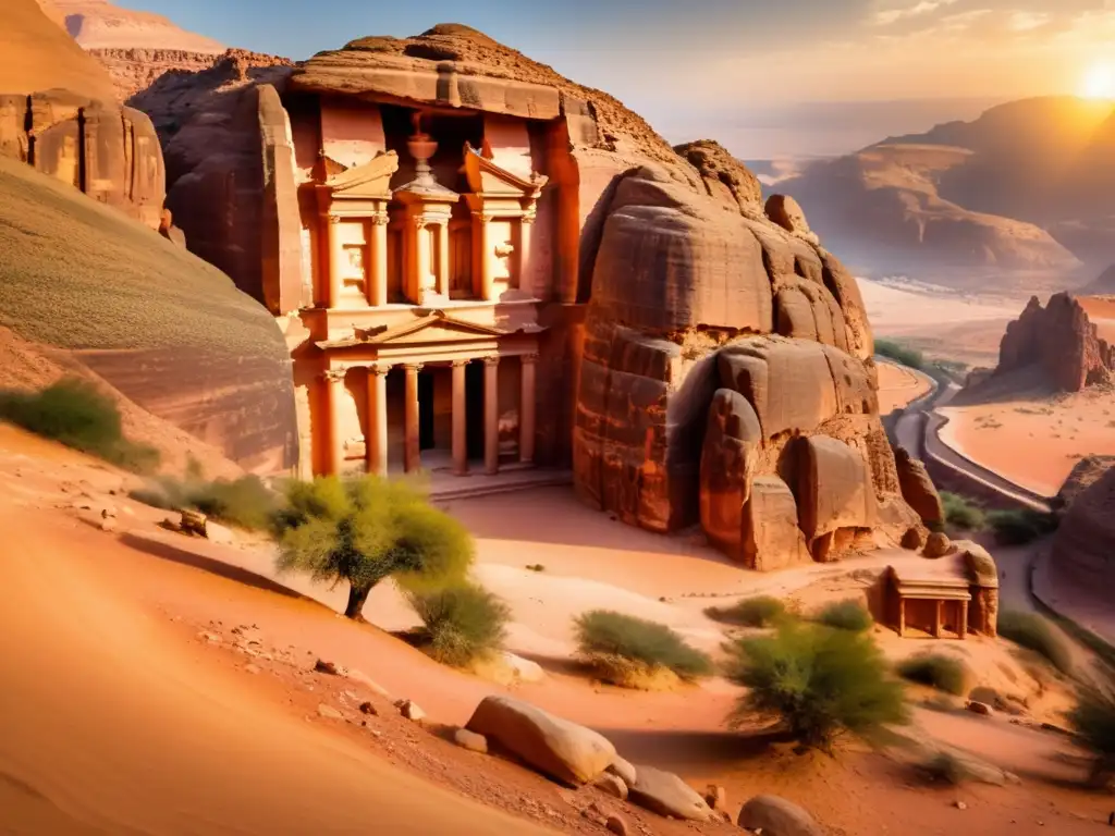 Descubrimiento senior en Petra: una imagen impresionante de la antigua ciudad, bañada en cálida luz dorada, que invita a viajeros maduros a explorar