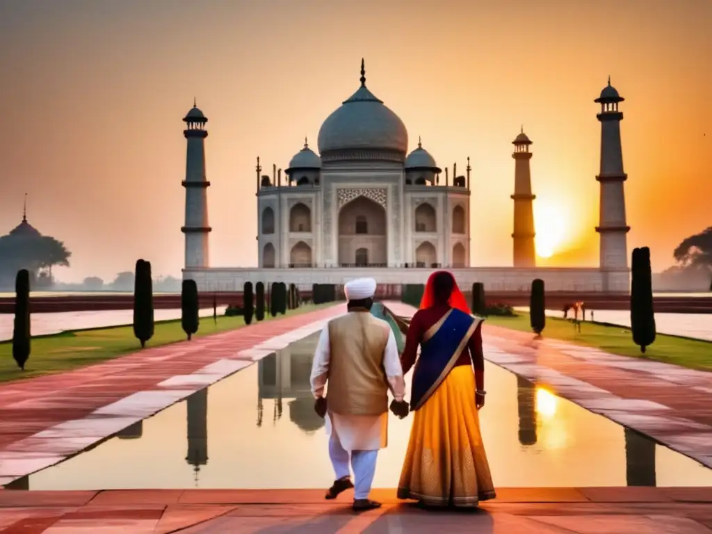 Pareja mayor maravillada en el Taj Mahal al amanecer