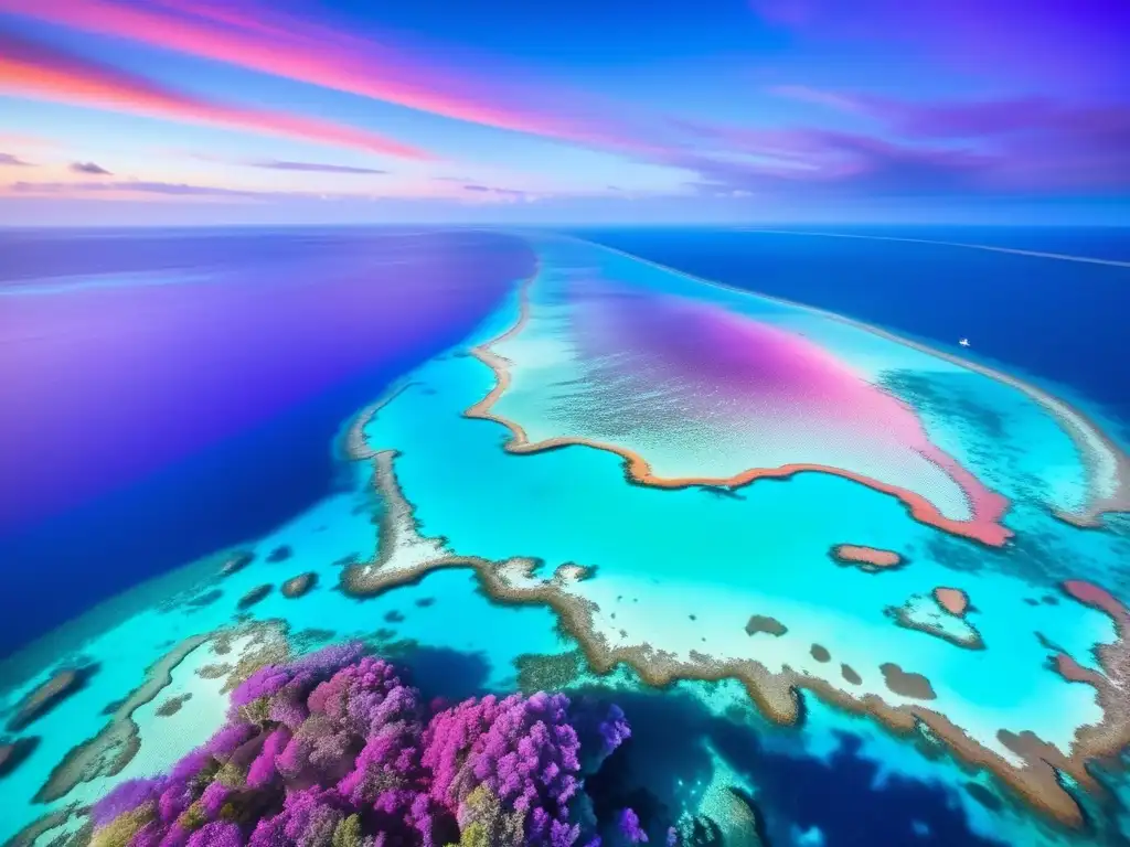 Hermoso atardecer en la Gran Barrera de Coral Viajes seguros y enriquecedores en Oceanía: Gran Barrera de Coral al atardecer con aguas turquesas y arrecifes coloridos