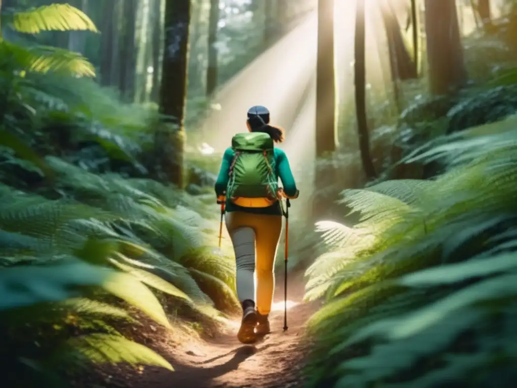 María, mujer de 65 años, disfrutando de la naturaleza Retiros de senderismo para adultos mayores: María disfruta de un hermoso sendero en el bosque, rodeada de naturaleza exuberante y luz solar