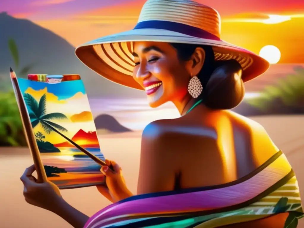 María, viajera senior, disfrutando del atardecer en Bali mientras pinta un paisaje tropical con acuarelas