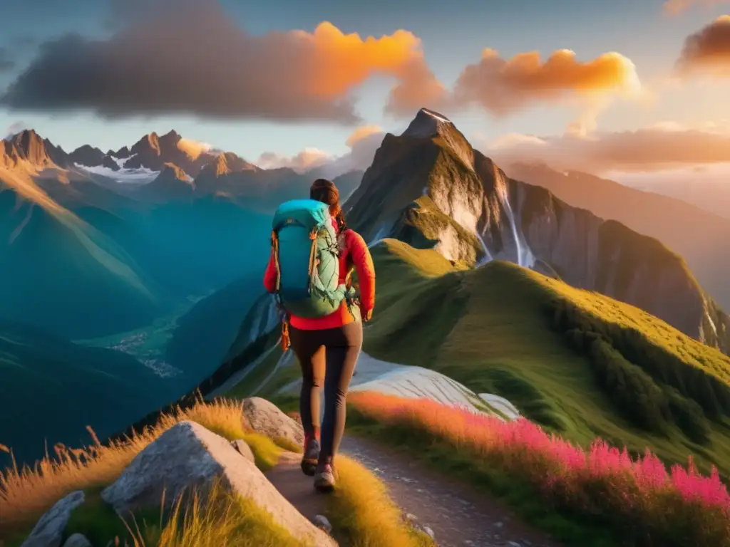 Serena montaña y María, símbolo de actitud positiva y espíritu aventurero María disfruta de un amanecer vibrante en una montaña, reflejo de su actitud positiva en viajes