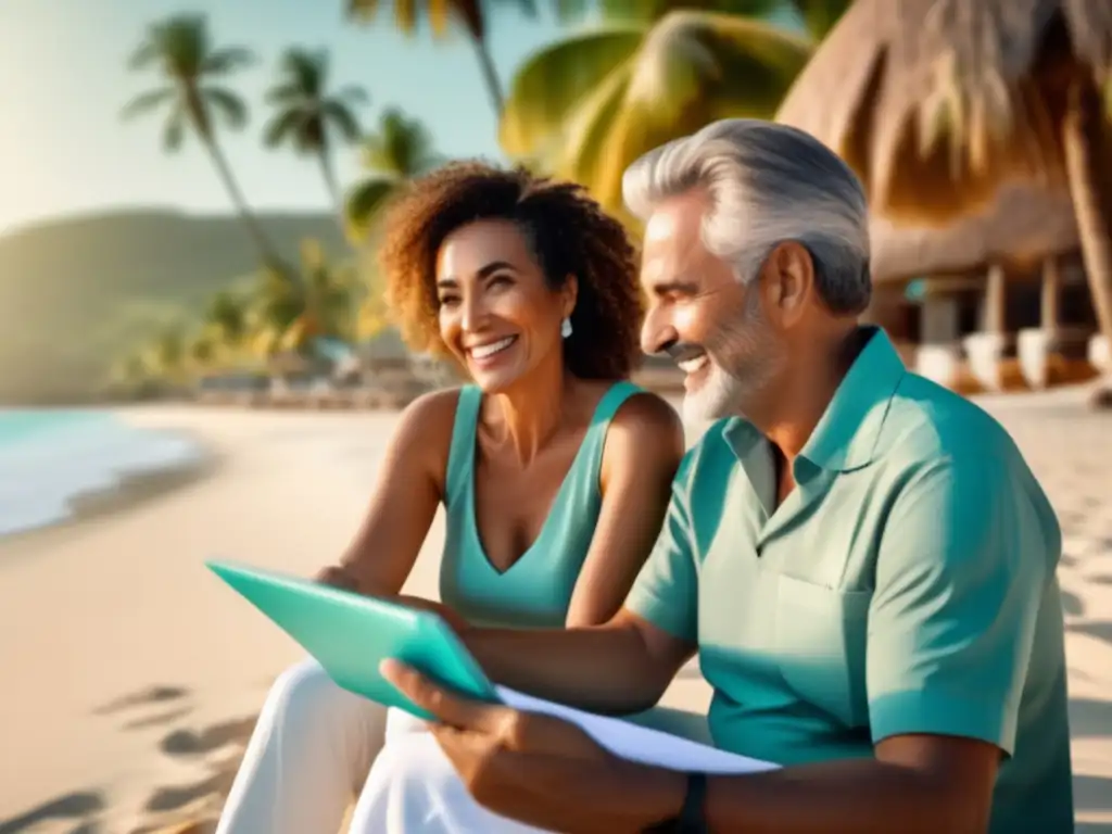Pareja madura en playa paradisíaca con médico Pareja madura en playa paradisíaca con aguas turquesas y palmeras - Turismo médico para viajeros maduros