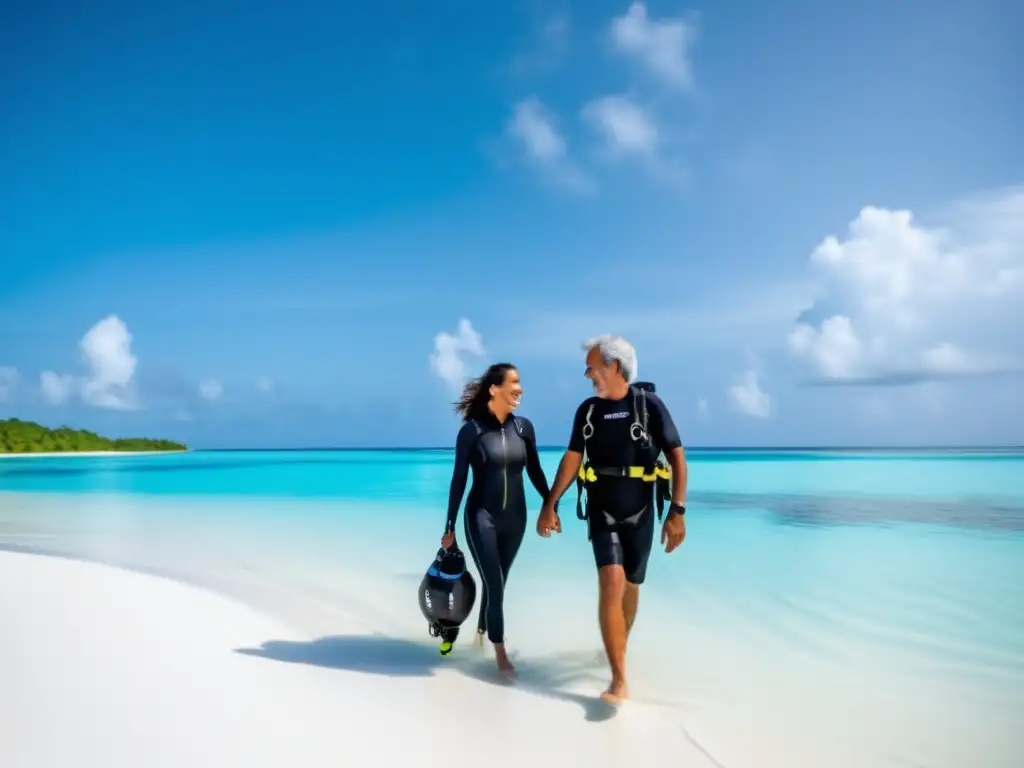Pareja madura disfruta buceo Pareja madura en actividad de buceo en Maldivas, destino seguro y cautivador para viajeros maduros
