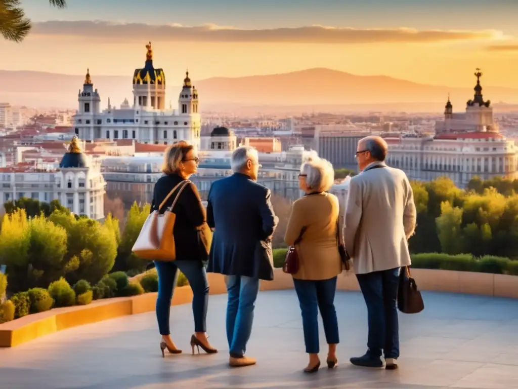 Turistas admirando el skyline de Madrid Atractivos turísticos para mayores en Madrid - Grupo de turistas maduros disfrutando del skyline de Madrid y señalando atracciones -