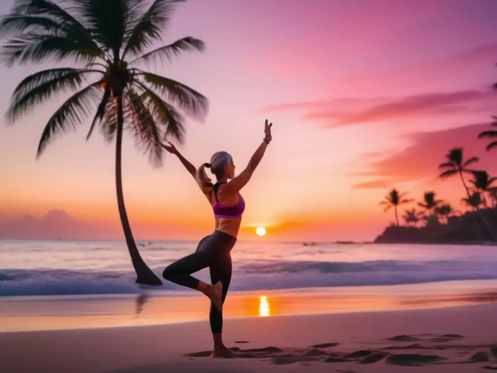 Viajero activo en playa al amanecer Rutina de ejercicio para viajeros maduros en una playa al amanecer