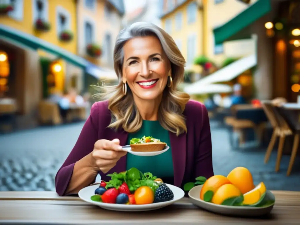 Viajero disfrutando comida saludable en una ciudad europea Nutrición saludable para viajeros maduros en encantadora ciudad europea