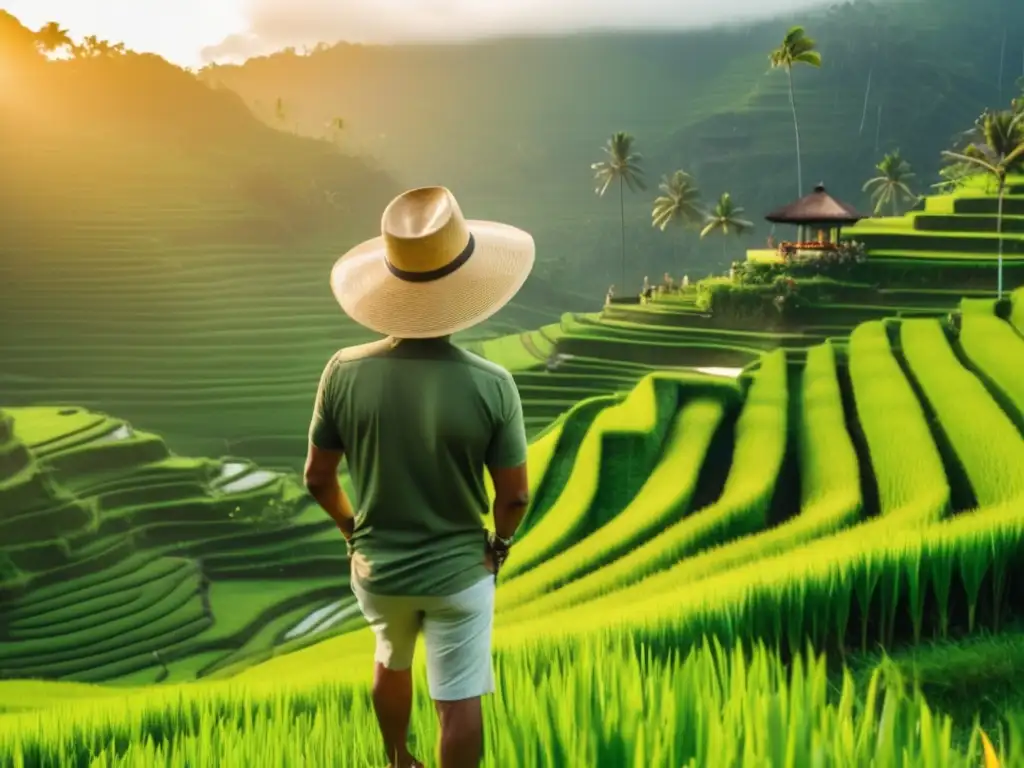 Explorando Bali: Viaje seguro y tranquilo Viajero maduro en terrazas de arroz en Bali