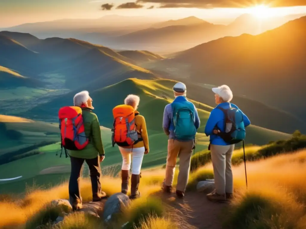 Peregrinaciones seguras para viajeros maduros en una impresionante imagen de montaña con vista panorámica y naturaleza vibrante