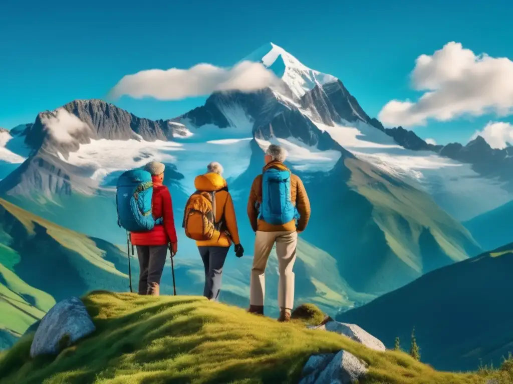 Grupo de viajeros maduros en la cima de una montaña Viajeros maduros conquistando el mundo con sabiduría y gracia - Consejos para viajes seguros y enriquecedores