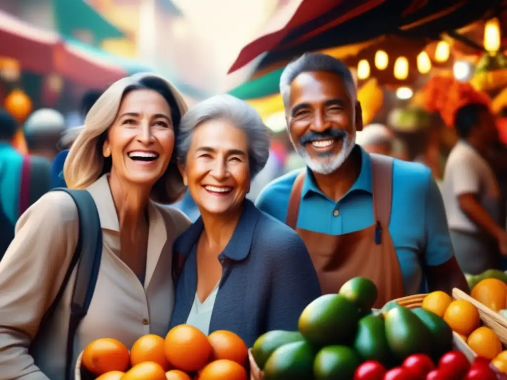 Maduros viajeros disfrutan mercado lleno de vida Viajeros maduros disfrutan del mercado local en una ciudad extranjera, fusionando lo antiguo y lo nuevo con alegría y curiosidad