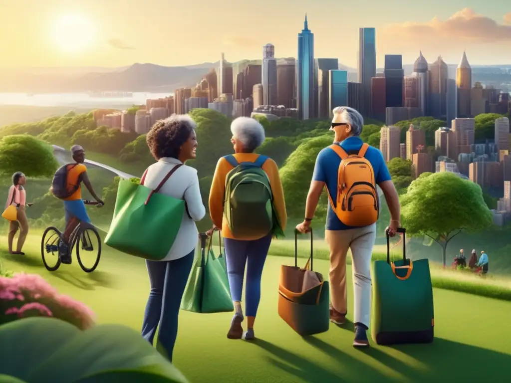 Maduros viajeros disfrutan de aventuras ecológicas en una ciudad verde Aventuras ecológicas para viajeros maduros disfrutando de una ciudad moderna y verde