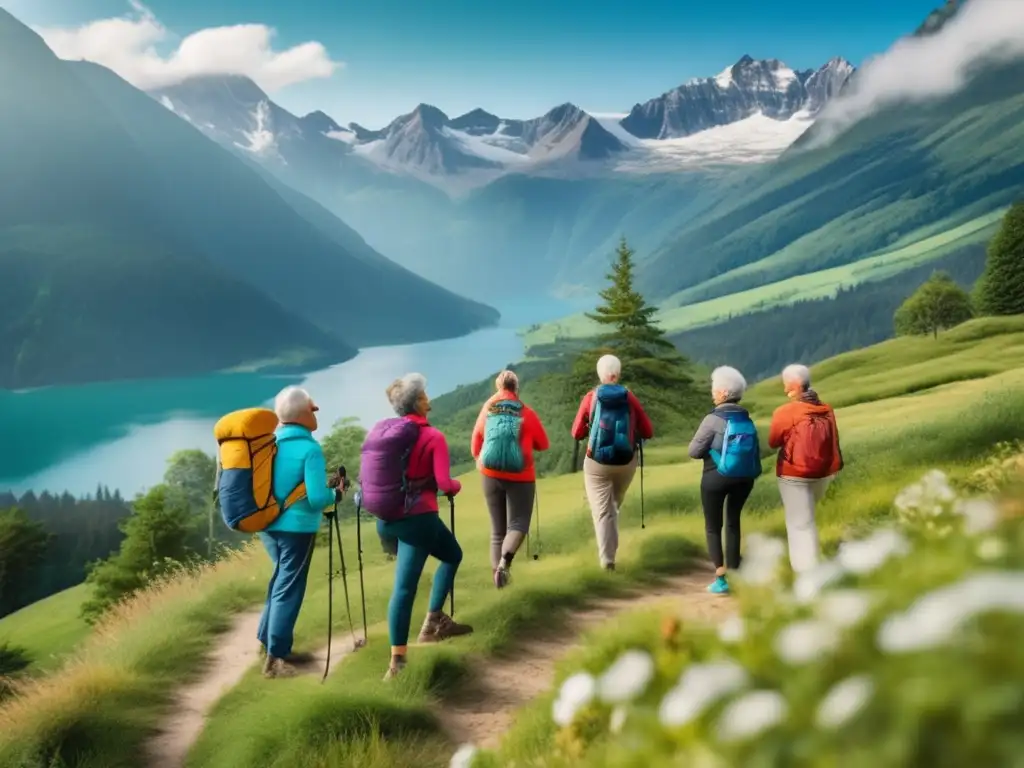 Grupo de viajeros maduros disfrutando de la naturaleza Grupo de adultos mayores en una colina, admirando paisaje