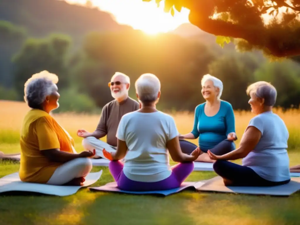 Círculo de meditación en la naturaleza Preparación para viajes espirituales seniors en un hermoso entorno natural