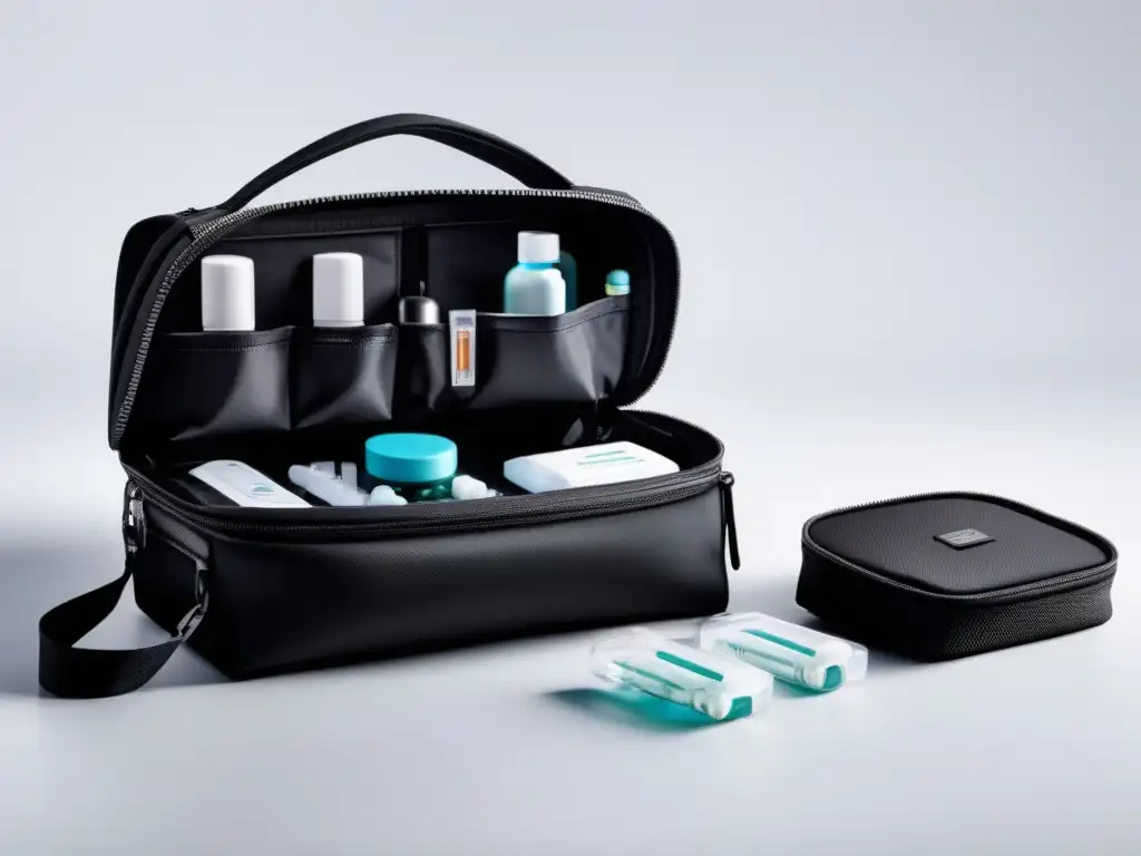 Bolsa de viaje para medicamentos Soluciones prácticas para medicación en equipaje: bolsa de viaje moderna y elegante, negra, con compartimentos y aislamiento térmico