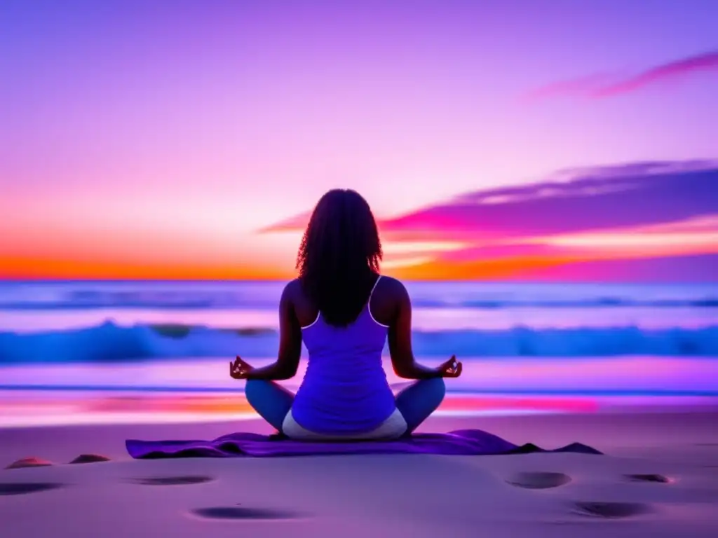 Tranquilidad en la playa al atardecer Meditación en playa al atardecer para manejo del estrés en viajes médicos
