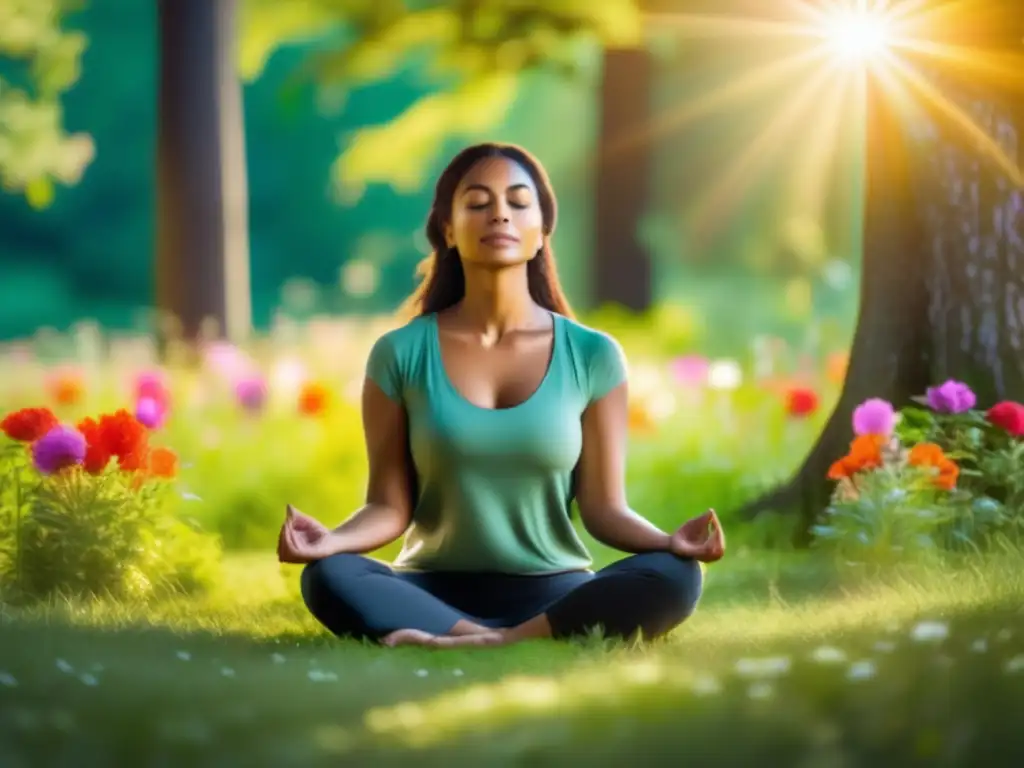 Meditación en prado verde Preparación retiro meditación segura: persona meditando en prado verde rodeado de árboles y flores coloridas, en postura de meditación clásica