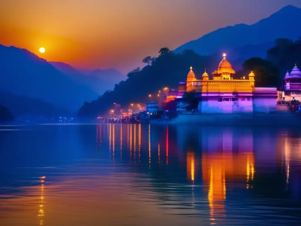 Puesta de sol en Rishikesh, India Meditación espiritual en India: Rishikesh, Ganges, templos y meditadores en paisaje sereno