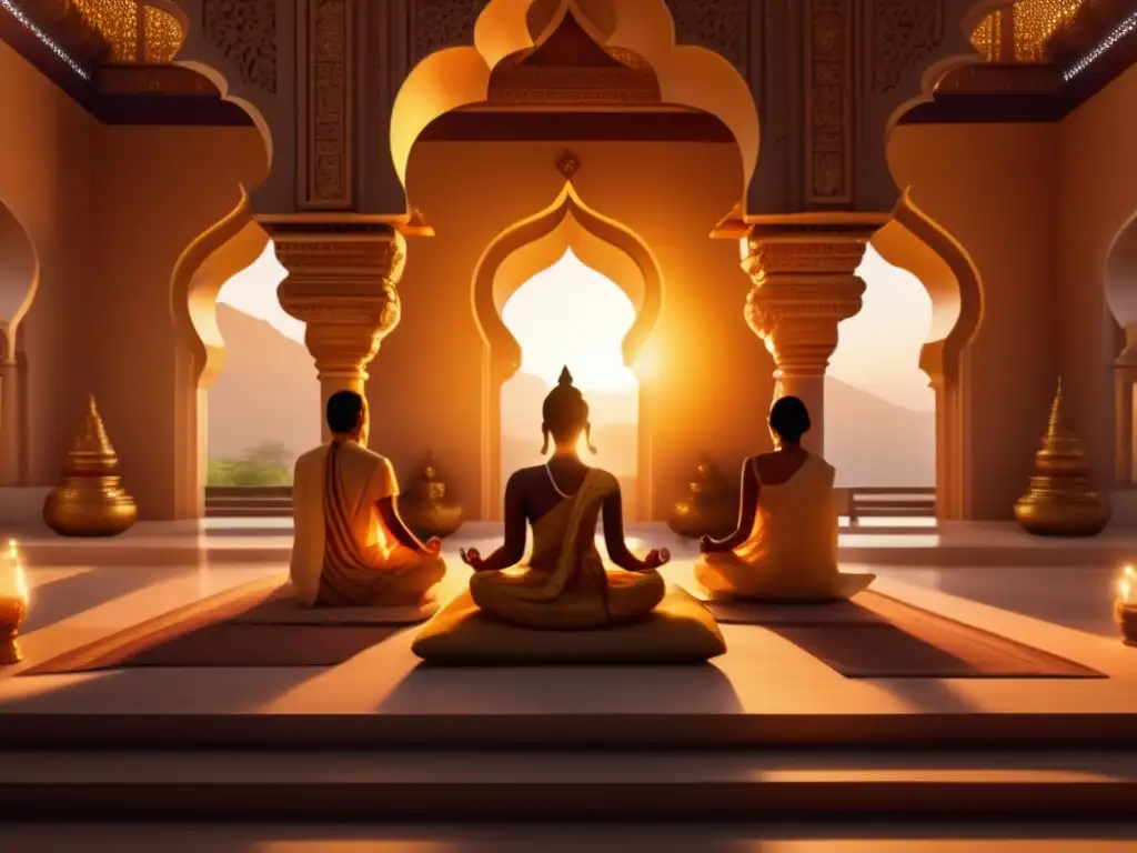 Meditación en centro sagrado: 8k detalle Meditación espiritual en India: Centro de meditación sereno y sagrado con detalles arquitectónicos y meditadores en profunda concentración