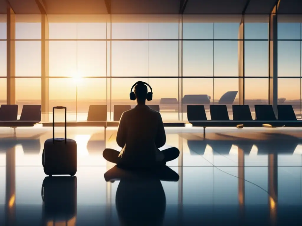 Meditación en aeropuerto Persona meditando en aeropuerto, transmitiendo tranquilidad en viajes médicos