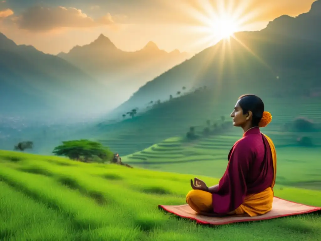 Meditador en pradera india con montañas Meditación espiritual en India: Meditador en prado verde rodeado de montañas nevadas, lotos y banderas de oración