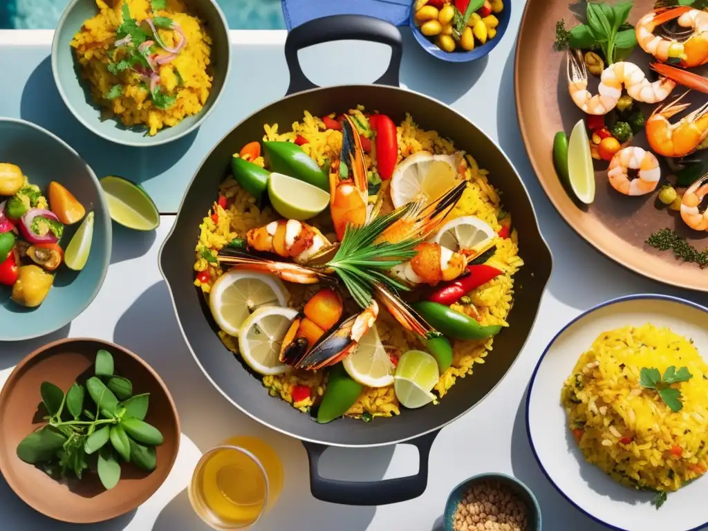 Deliciosa comida mediterránea en terraza con vista al mar Cena mediterránea: paella, pasta fresca, moussaka y más