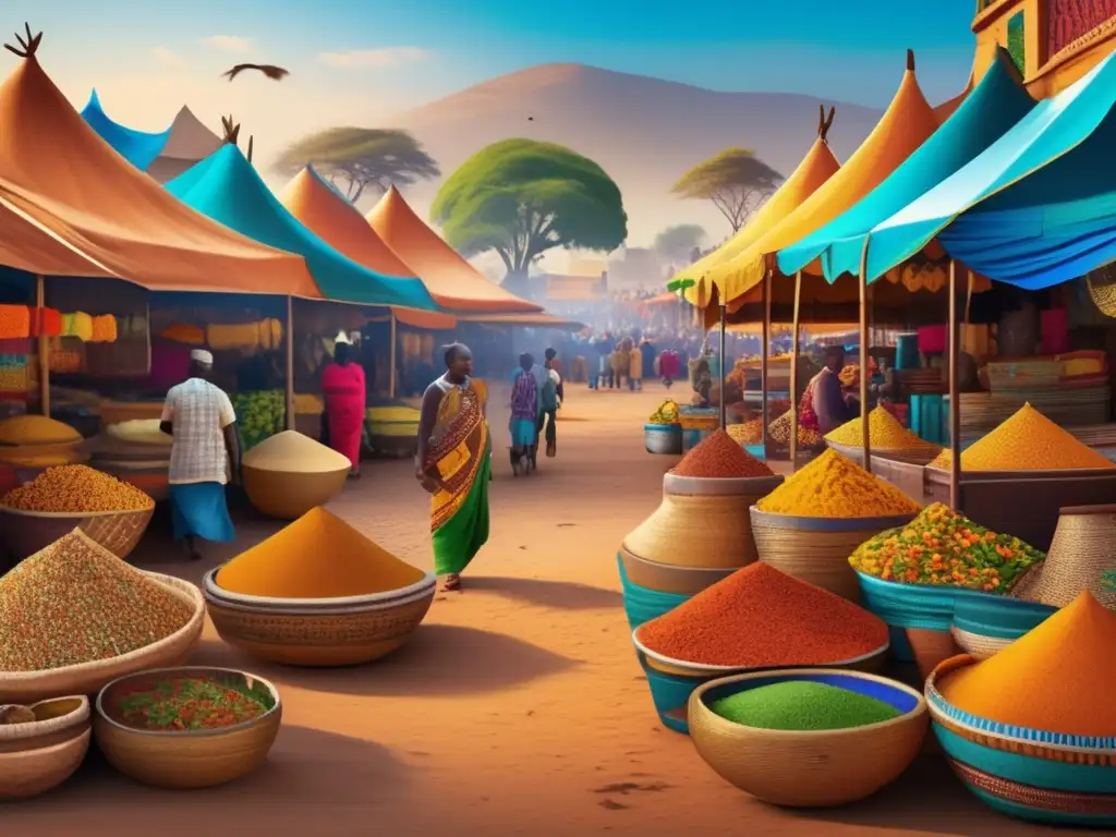 Mercado africano vibrante y colorido Mercado vibrante en África: cestas tejidas, especias exóticas, arquitectura tradicional y más