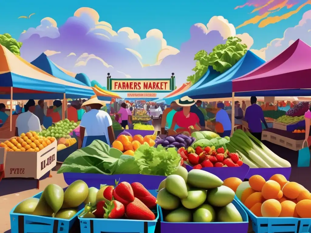 Mercado de agricultores vibrante y colorido Mercado agrícola vibrante y colorido con frutas frescas y opciones saludables