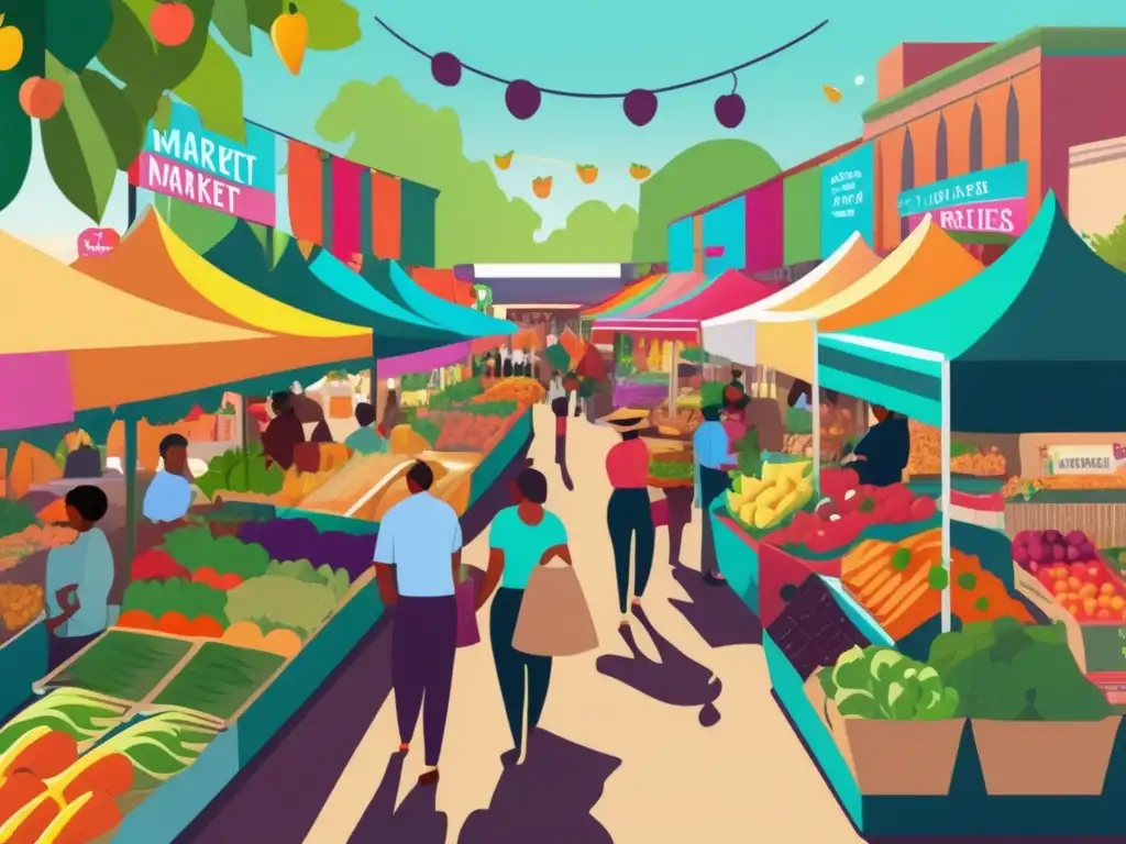 Mercado de agricultores vibrante y bullicioso Consejos para dietas vegetarianas y veganas en mercado colorido y vibrante