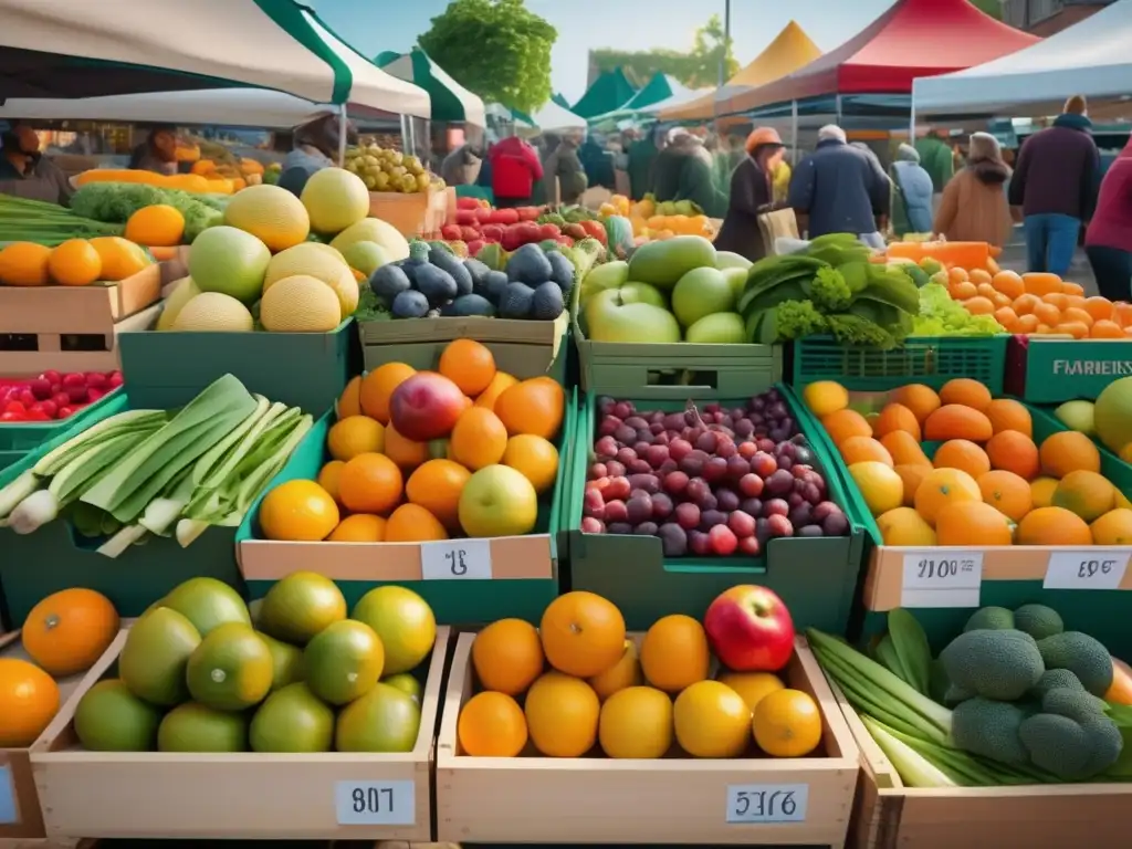 Mercado de agricultores vibrante con frutas y verduras frescas Alimentos energéticos para viajeros: mercado vibrante con frutas frescas, verduras y ciudad al fondo