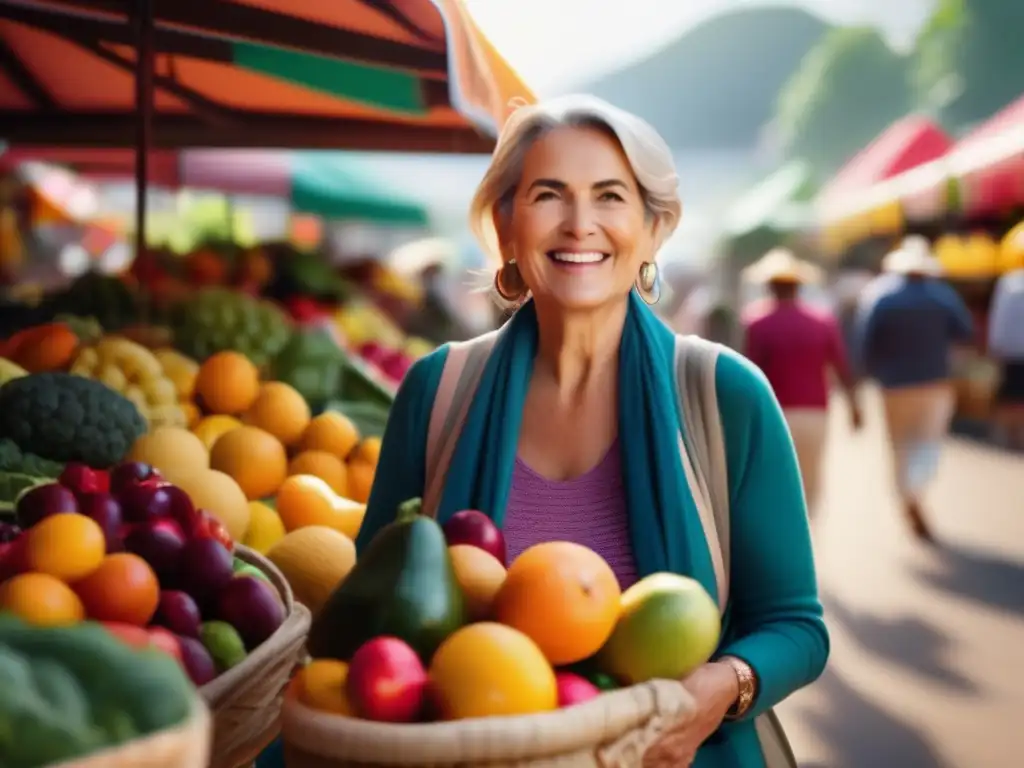 Viajero con diabetes explorando mercado vibrante Viajero maduro con diabetes en mercado vibrante - Guía nutrición viajeros maduros con diabetes