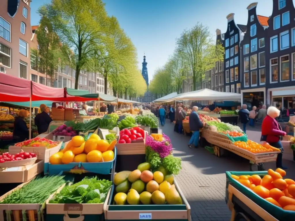 Mercado vibrante en Amsterdam: frescura y encanto Atractivos turísticos en Ámsterdam para mayores - Mercado al aire libre vibrante con productos frescos y arquitectura histórica