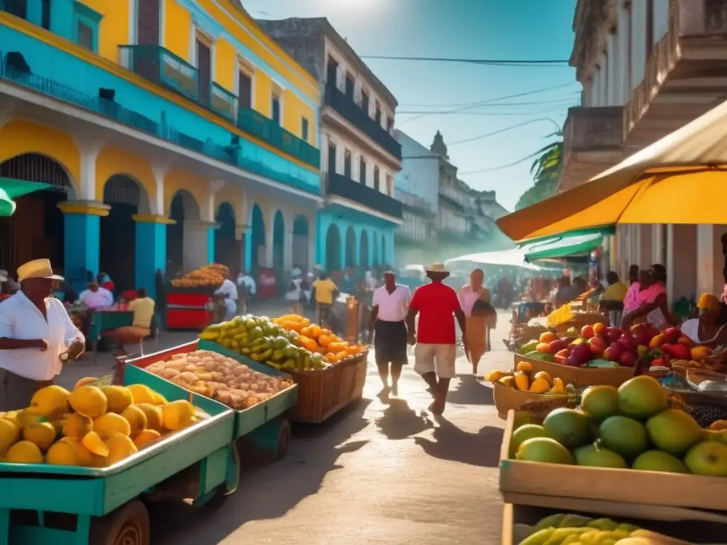 Mercado cubano vibrante y colorido Mercado cubano vibrante con frutas tropicales, especias aromáticas y mariscos frescos