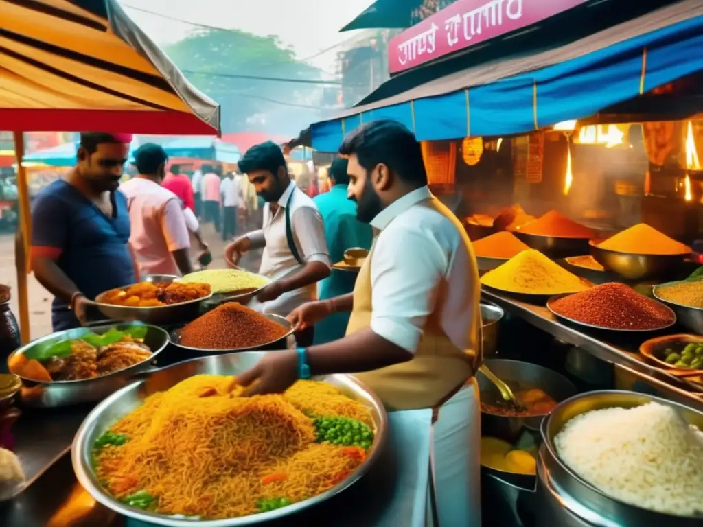 Aventuras culinarias en India: vibrante mercado callejero con comida tradicional, sabores exquisitos y colores cautivadores