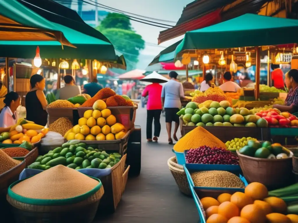 Mercado callejero tailandés vibrante Escena vibrante de mercado tailandés con recetas tailandesas para viajeros seniors
