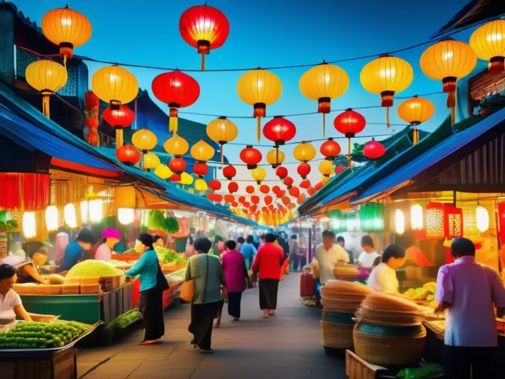 Mercado de comida callejera vibrante en Vietnam Mercado de comida callejera vietnamita con ingredientes y platos exóticos