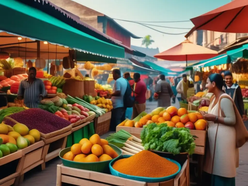 Mercado local vibrante con colores y aromas tentadores Escena vibrante de mercado local con frutas frescas, verduras y especias