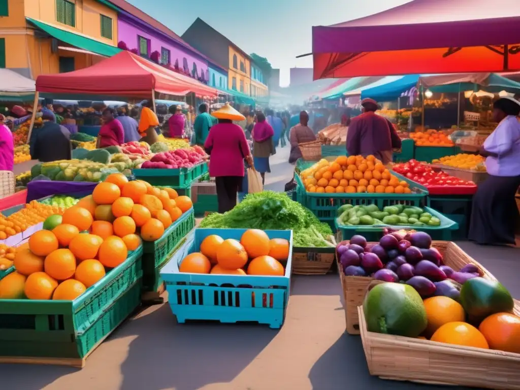 Mercado vibrante con frutas y verduras frescas Dieta equilibrada para viajeros seniors en vibrante mercado