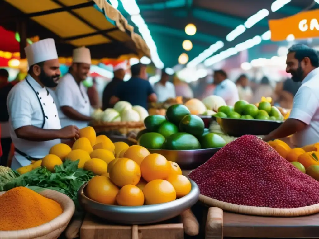 Mercado local lleno de vida y sabores Rico mercado local con chefs preparando platos y vibrantes colores, invitando a una aventura gastronómica