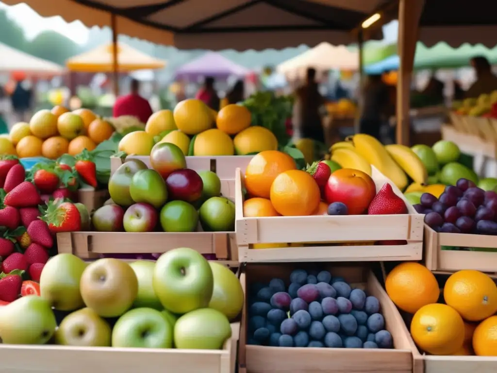 Mercado de agricultores: frutas y verduras frescas Escena vibrante de un mercado con frutas y verduras frescas en cajas de madera
