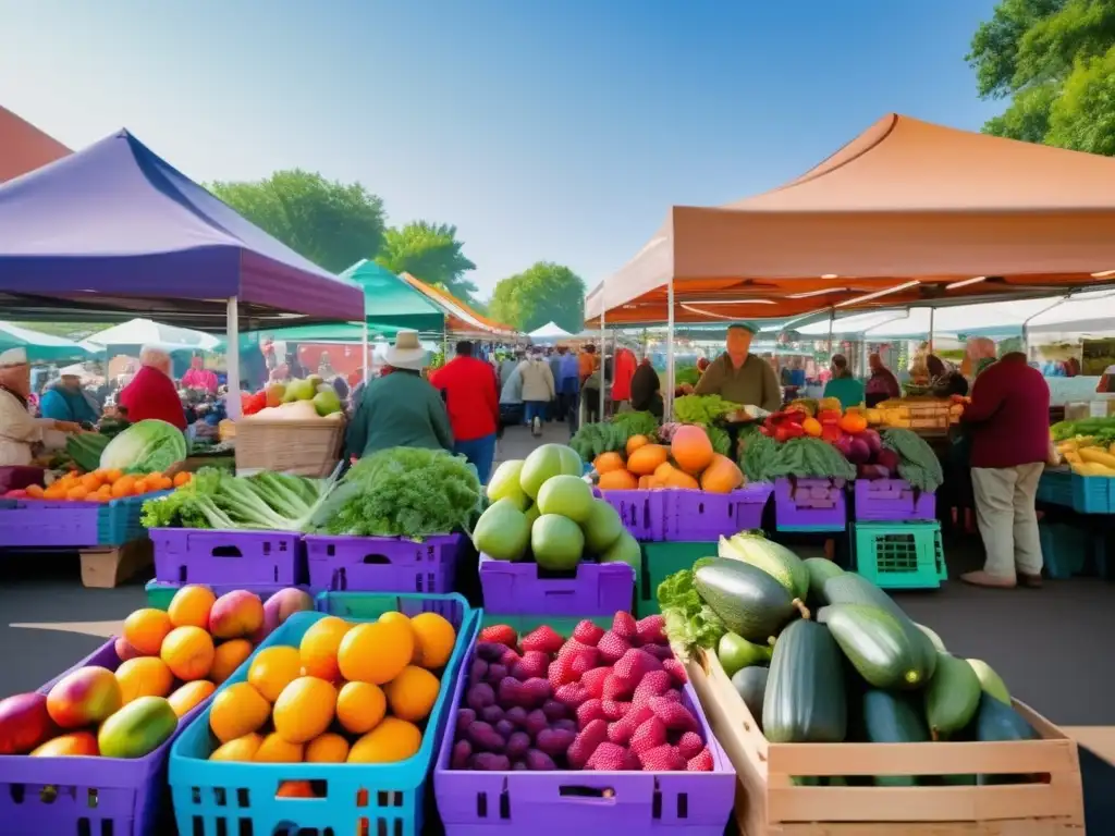Mercado de agricultores vibrante con frutas y verduras frescas Mercado de agricultores colorido con frutas y verduras frescas, opciones saludables para viajes senior